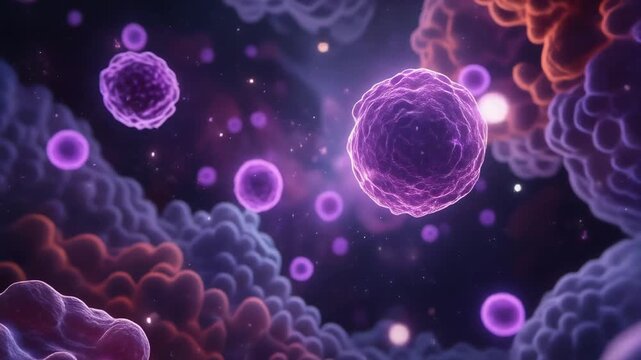 Futuristic cinematic intracellular universe with glowing violet autophagosomes