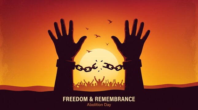 Freedom remembrance abolition day hands broken chains sunset celebration freedom.