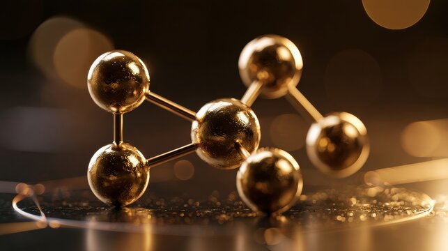 Testosterone molecule structure is shown with gold chrome spheres and rods against a dark laboratory backdrop with rim lighting.