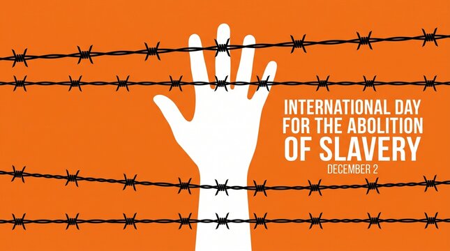Conceptual background art for international day for abolition of slavery featuring human hand behind sharp jagged barbed wire.