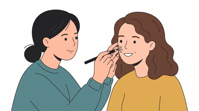 A makeup artist drawing a spiderweb on a smiling woman's face, getting her ready for Halloween. Isolated on a white background.