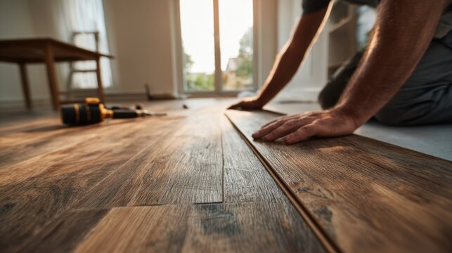 Hands installing wooden floor panels in a sunlit room with tools scattered around, showcasing flooring craftsmanship and home improvement work