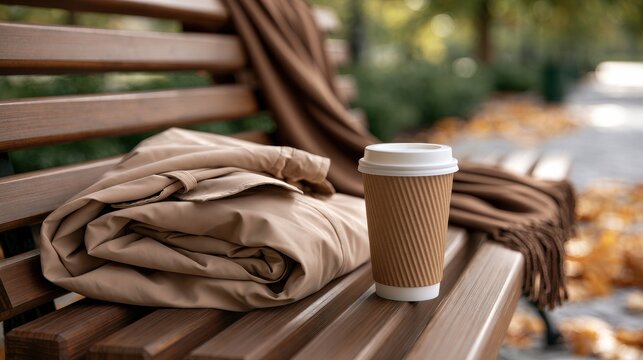 A park bench holds a folded jacket and a takeaway cup during autumn daylight, inviting a moment to pause and breathe in the natural surroundings.