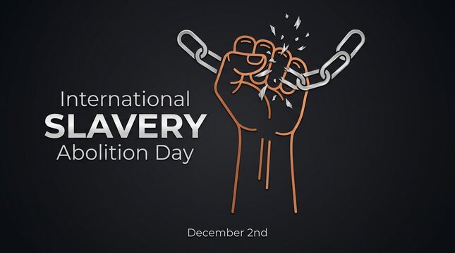 Minimalist international slavery abolition day graphic featuring stylized breaking metal chains held by raised human hand arm.