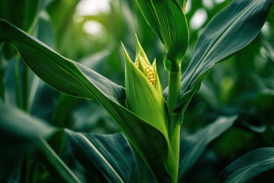 Healthy corn stalk with fresh green leaves capturing early sunlight in a vibrant agricultural field during a bright summer morning