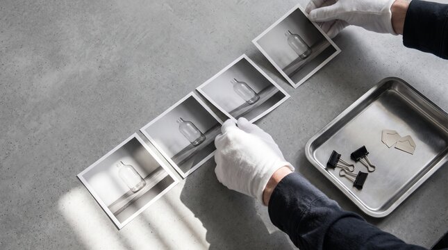 Hands arrange photo fragments into a misleading visual sequence