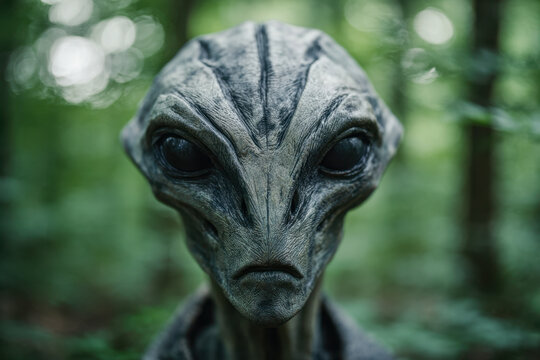 Mysterious extraterrestrial figure with large black eyes and textured skin standing in a blurred lush green forest environment at dusk