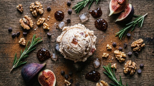 Top view of fig ice cream scoop on rustic wooden background with fresh fruits and walnuts