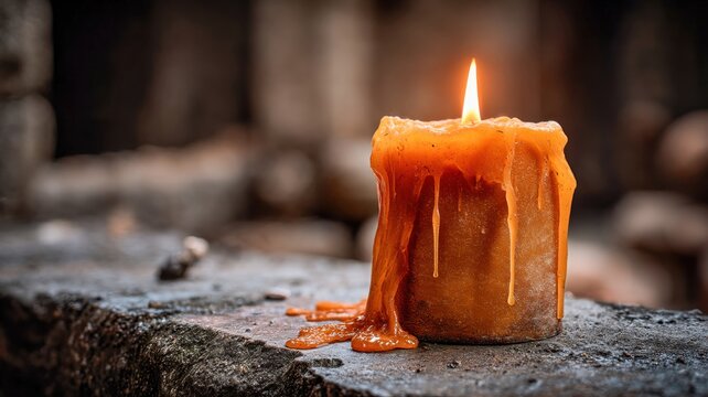 Burning Old Candle On Cracked Stone In Dark Catacomb Tunnel