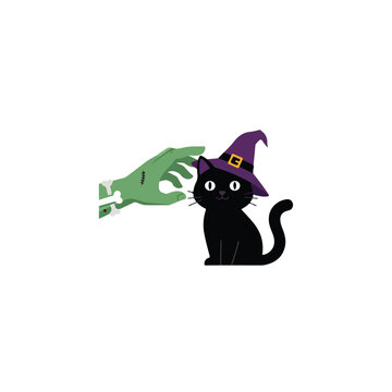 A cute black cat wearing a purple witch hat is being gently petted by a green zombie hand in this charmingly spooky Halloween-themed vector graphic.