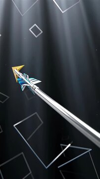 Sleek metallic arrow with golden tip and glowing blue accents powerfully flying forward through vast minimalist dark cinematic 3D space, ideal for dynamic motion graphics backgrounds