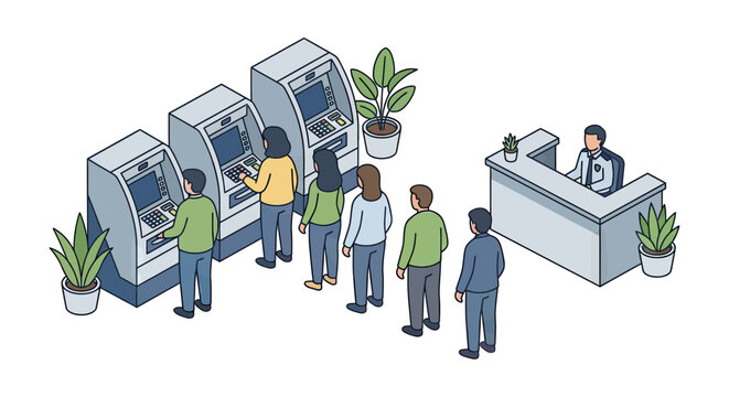 Isometric Illustration of People Queuing at Bank ATMs