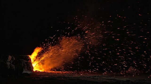 A bright fire burns intensely in the darkness with many glowing embers flying through the air