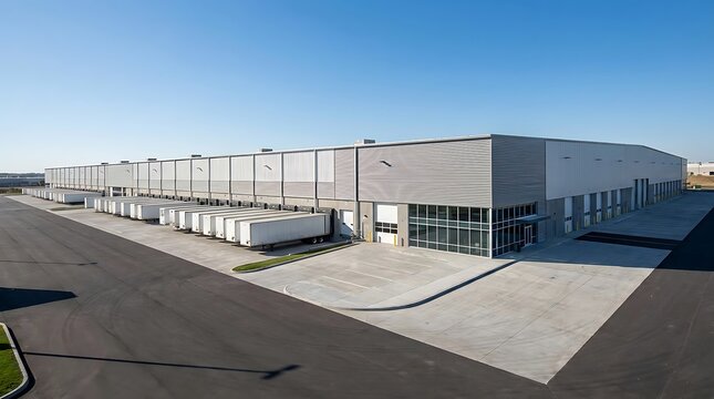 Sprawling modern logistics warehouse and distribution hub with numerous loading docks and semi-trailer trucks, essential for efficient global supply chain operations
