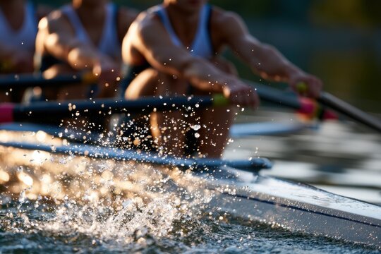 Team of rowers in synchronized motion propelling their boat through sparkling water during an intense outdoor rowing session at sunset or sunrise
