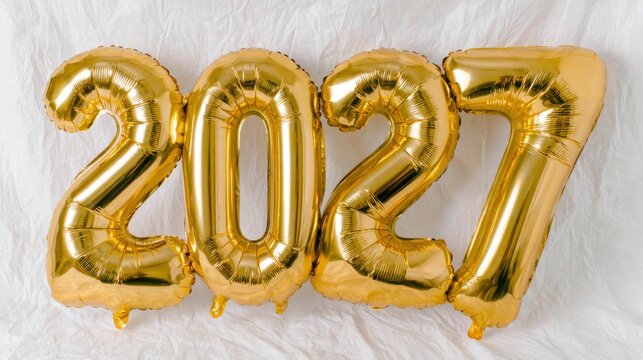 Golden balloon numbers reading 2027 are set against a white backdrop in a studio during party preparation with soft daylight