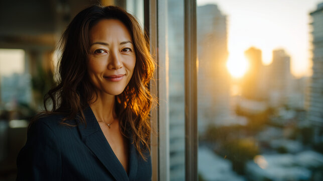 都市の夕日を浴びながら微笑む知的な女性リーダーのクローズアップポートレート
