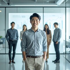 Obraz premium Professional Business Team Standing in Modern Office with Data Charts Background
