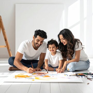 Happy Family Drawing Together on Large Paper in Bright Living Room