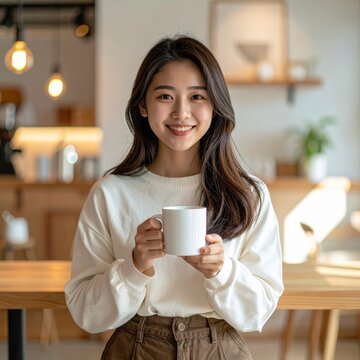 Young woman holding coffee cup smiling in cozy cafe interior with warm lighting