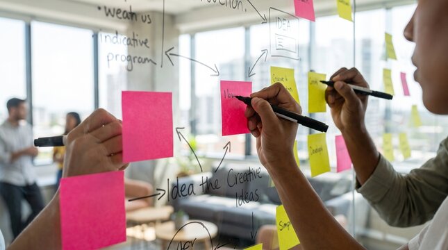 Team of professionals brainstorming with sticky notes. Creative coworkers collaborating on project planning in modern office.