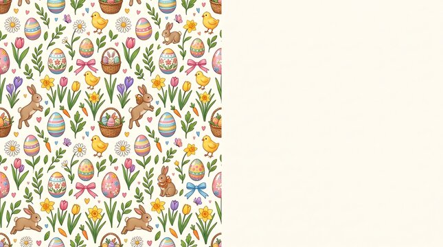 Seamless easter pattern with bunnies chicks and decorated eggs