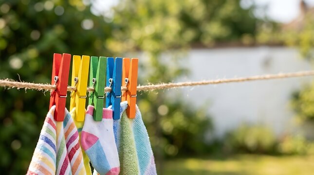 Bright laundry pegs hanging small socks on a sunny clothesline