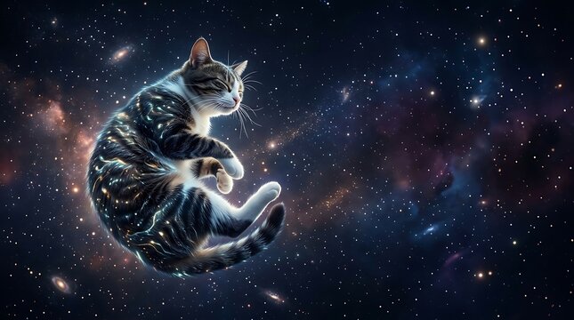 Tabby cat sleeping peacefully while floating through a cosmic galaxy