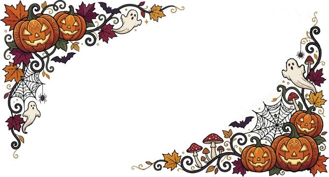 Halloween decorative corner border with jack-o-lanterns, ghosts, bats, vines, and autumn leaves on a white background.