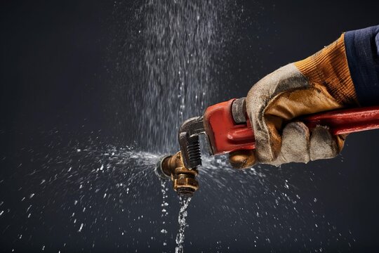 Plumber uses pipe wrench to fix a leaking pipe, water spraying
