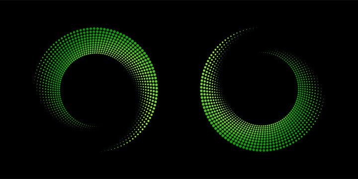 Abstract spiral halftone pattern with green gradient dots on black background. Futuristic, modern, and eye-catching design perfect for digital art, backgrounds, or technology themes.