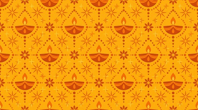 Diwali seamless pattern with lit oil lamps and festive stars