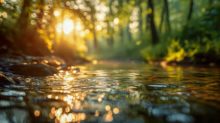 Fototapeta premium Gentle sunlight reflecting on the calm surface of a forest stream surrounded by lush green trees in a peaceful natural setting during golden hour