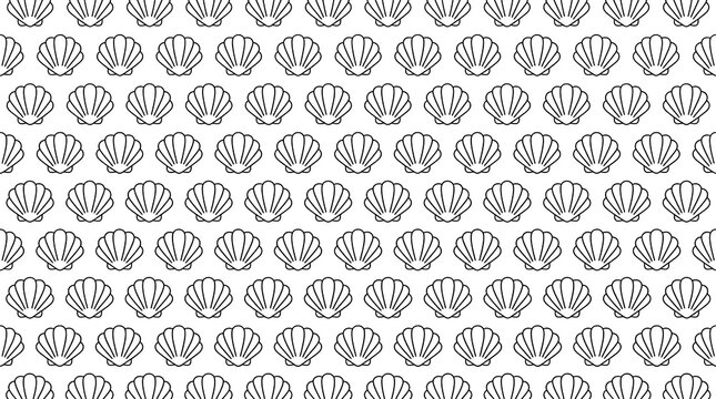 Seamless seashell line art pattern on a white background