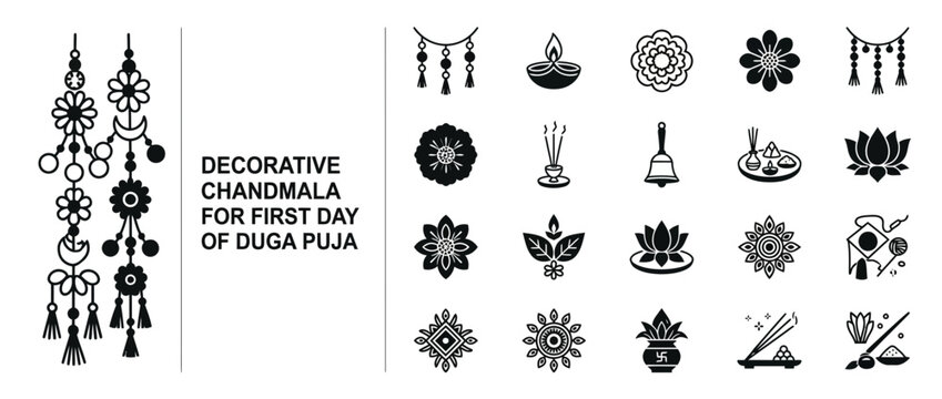 Duga Puja Decorative Chandmala Icons: Lotus, Diya, Incense, Bell, Swastika