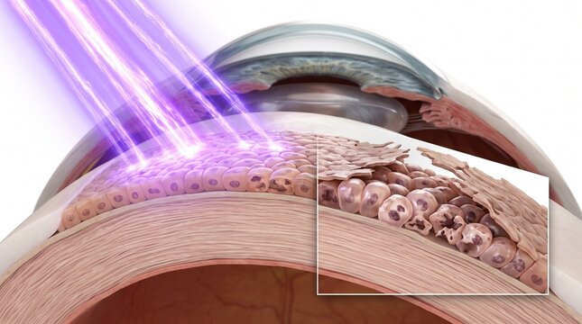 3D Microscopic Diagram of Corneal Epithelial Sloughing in Photokeratitis