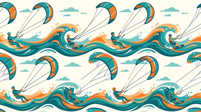 Kitesurfers riding ocean waves in a seamless graphic pattern