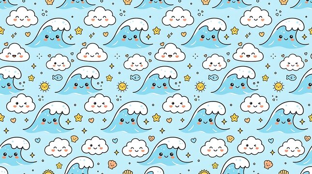 Kawaii ocean seamless pattern with cute smiling waves and clouds