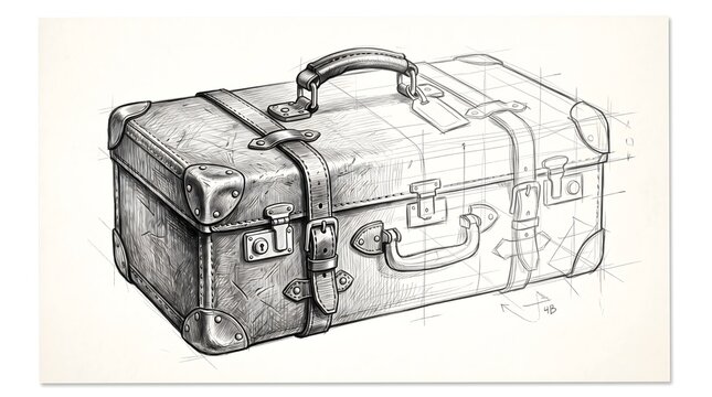 Detailed ink sketch illustration of a vintage antique suitcase with suitcase illustration adventure vacation exploration textured
