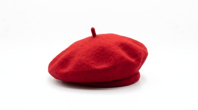 Classic red wool beret hat isolated on white background with headwear clothing accessory feminine minimalist material