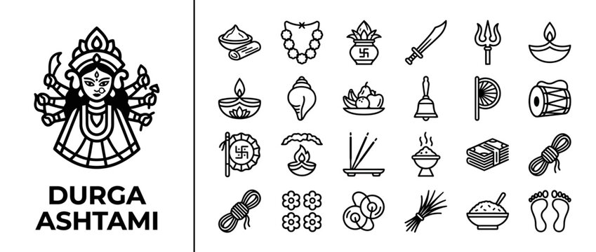 Durga Ashtami Icons: Goddess Durga, Puja Items, Worship Symbols, Hindu Festival