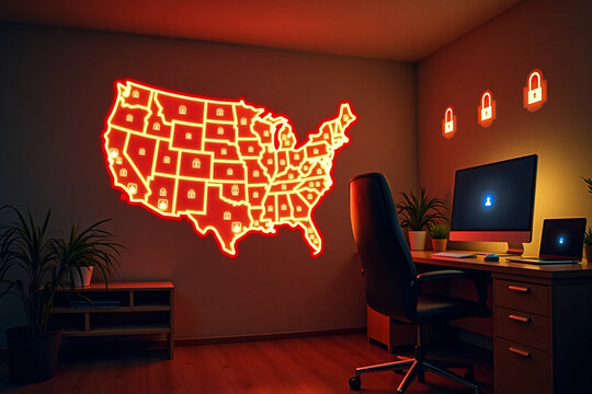 Cybersecurity concept with illuminated USA map and digital security icons in modern office workspace protecting data privacy