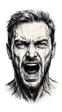 Stylized artistic ink sketch portrait of screaming man shouting with black and white screaming shouting illustration artistic portrait