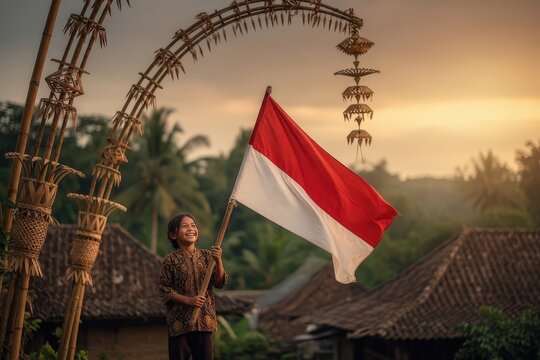 Cheerful Laughter of a Village Boy Carrying the Indonesian Flag Against Classic Bamboo Stilt Houses