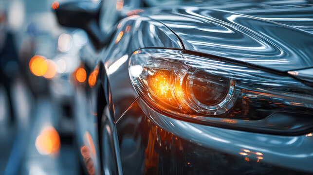 Sleek dark modern car with illuminated amber indicator light reflecting cityscape during evening traffic jam on busy urban street
