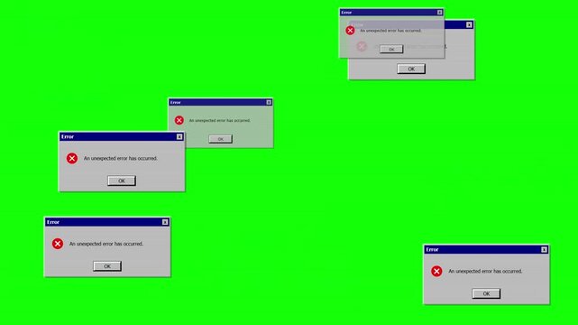 Retro computer error messages pop up on green screen