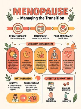 Comprehensive menopause health infographic with stages and symptom tips
