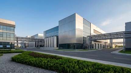 Obraz premium A sprawling modern industrial complex featuring sleek, contemporary architecture and advanced manufacturing facilities, representing innovation and corporate infrastructure