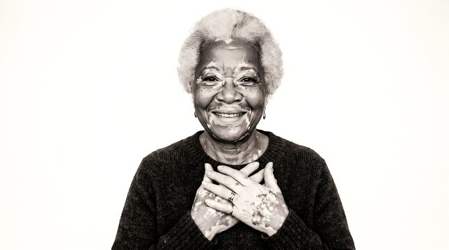 Portrait of an elderly woman smiling with hands over heart portrait happiness gratitude kindness womanhood contentment wellness