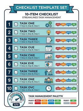 Business checklist template with progress tracking and priority tags